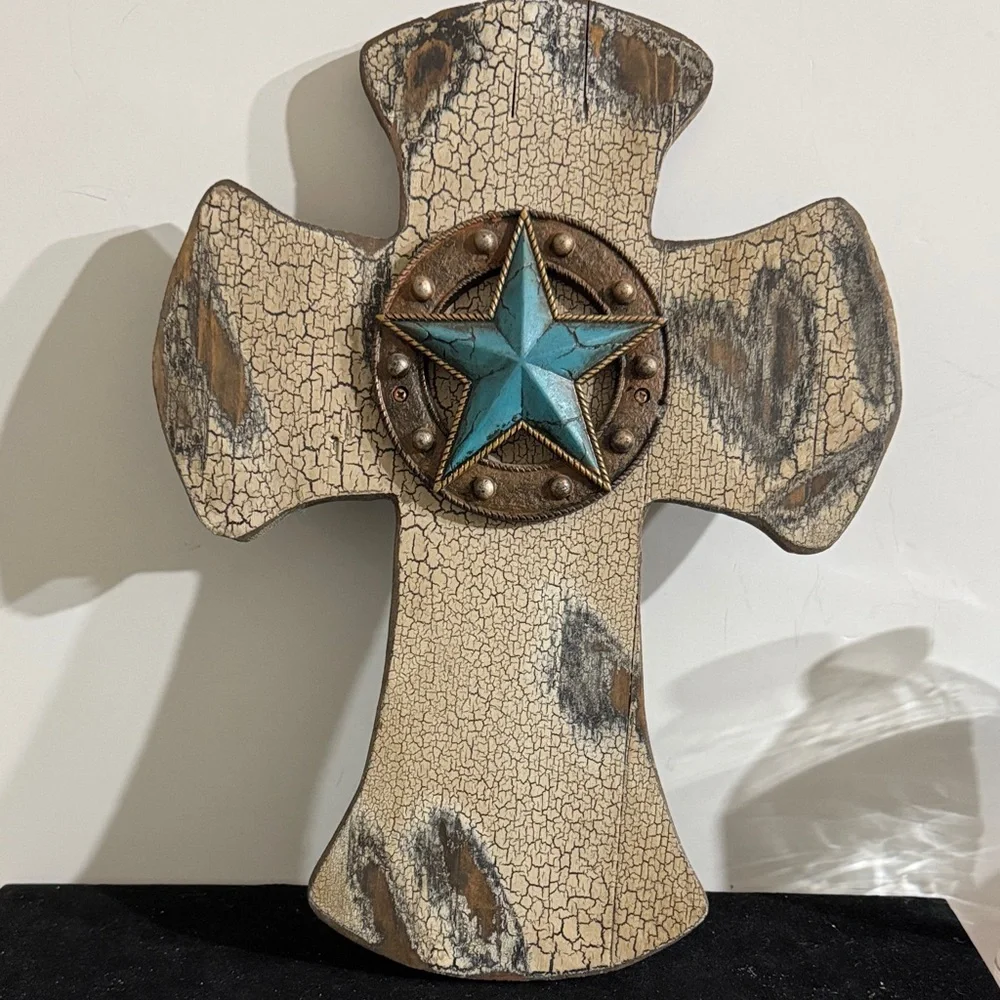 Distressed Western Cross wall decor with a turquoise star accent